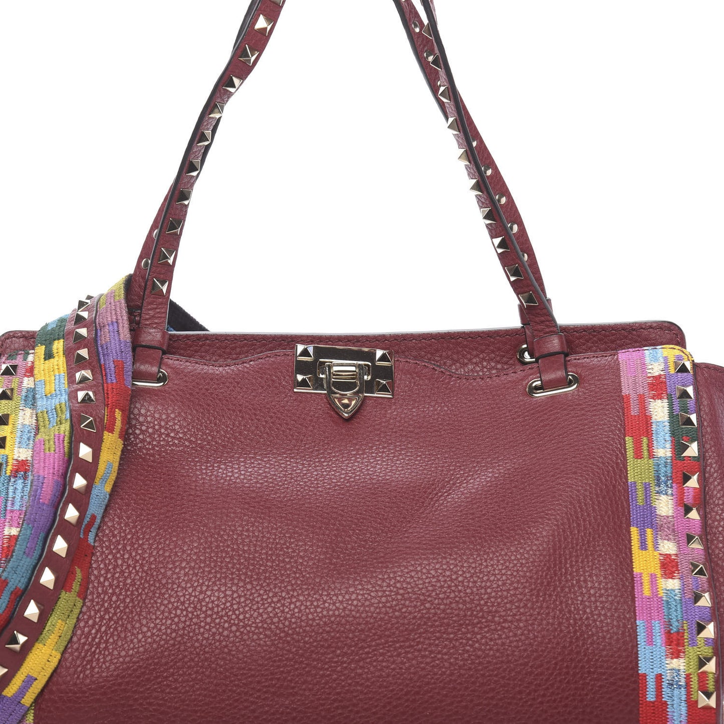 Grained Calfskin Embroidered Medium Rockstud Rolling Tote Red