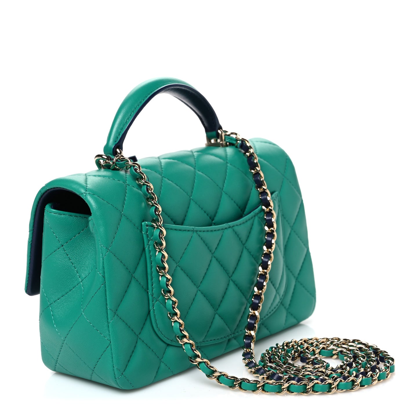 Lambskin Quilted Bi-Color Mini Top Handle Rectangular Flap Green Dark Blue