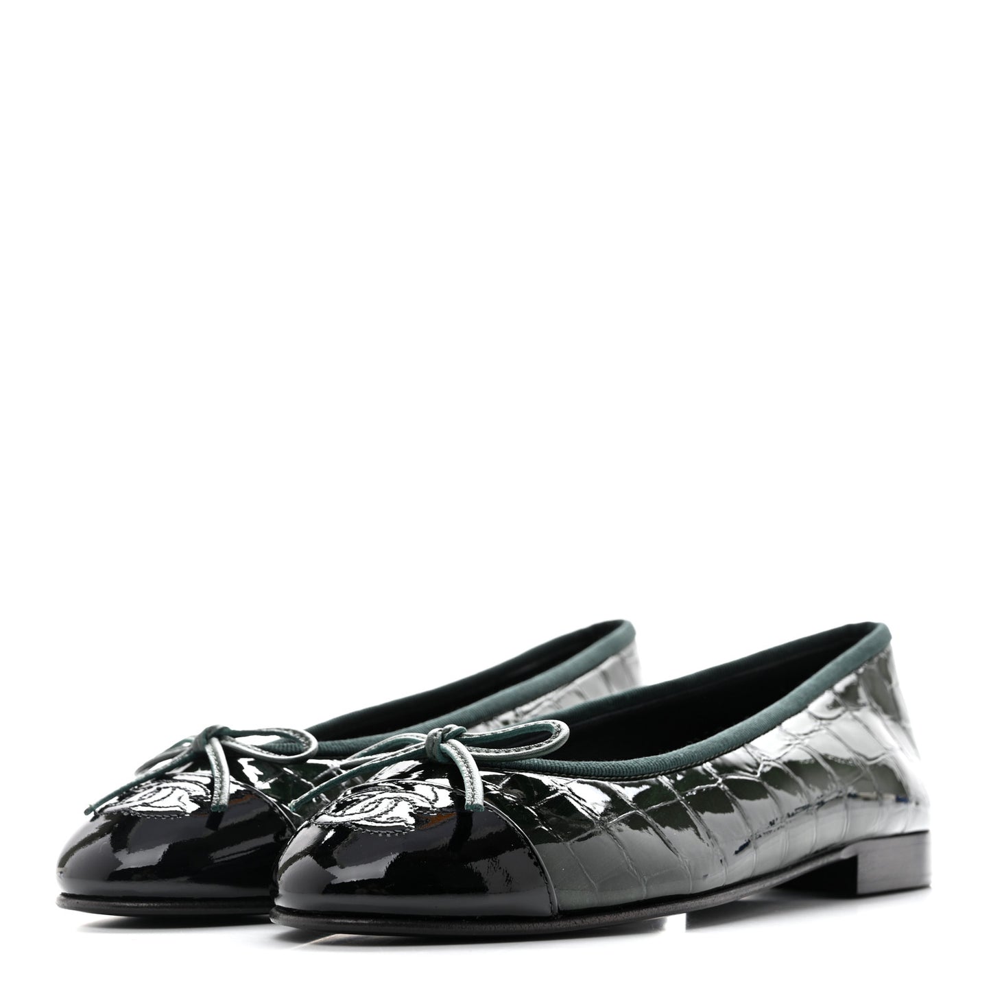 Crocodile Embossed Patent Calfskin Cap Toe CC Ballerina Flats 35.5 Dark Green Black
