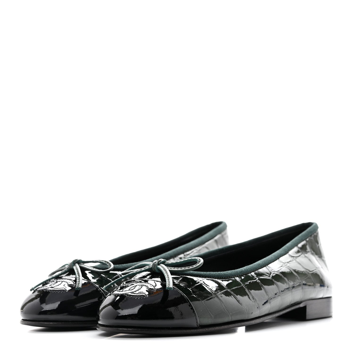 Chanel Crocodile Embossed Patent Calfskin Cap Toe CC Ballerina Flats 35.5 Dark Green Black 4 of 11