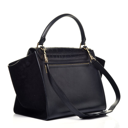 Celine Crocodile Embossed Calfskin Suede Medium Trapeze Black 4 of 10