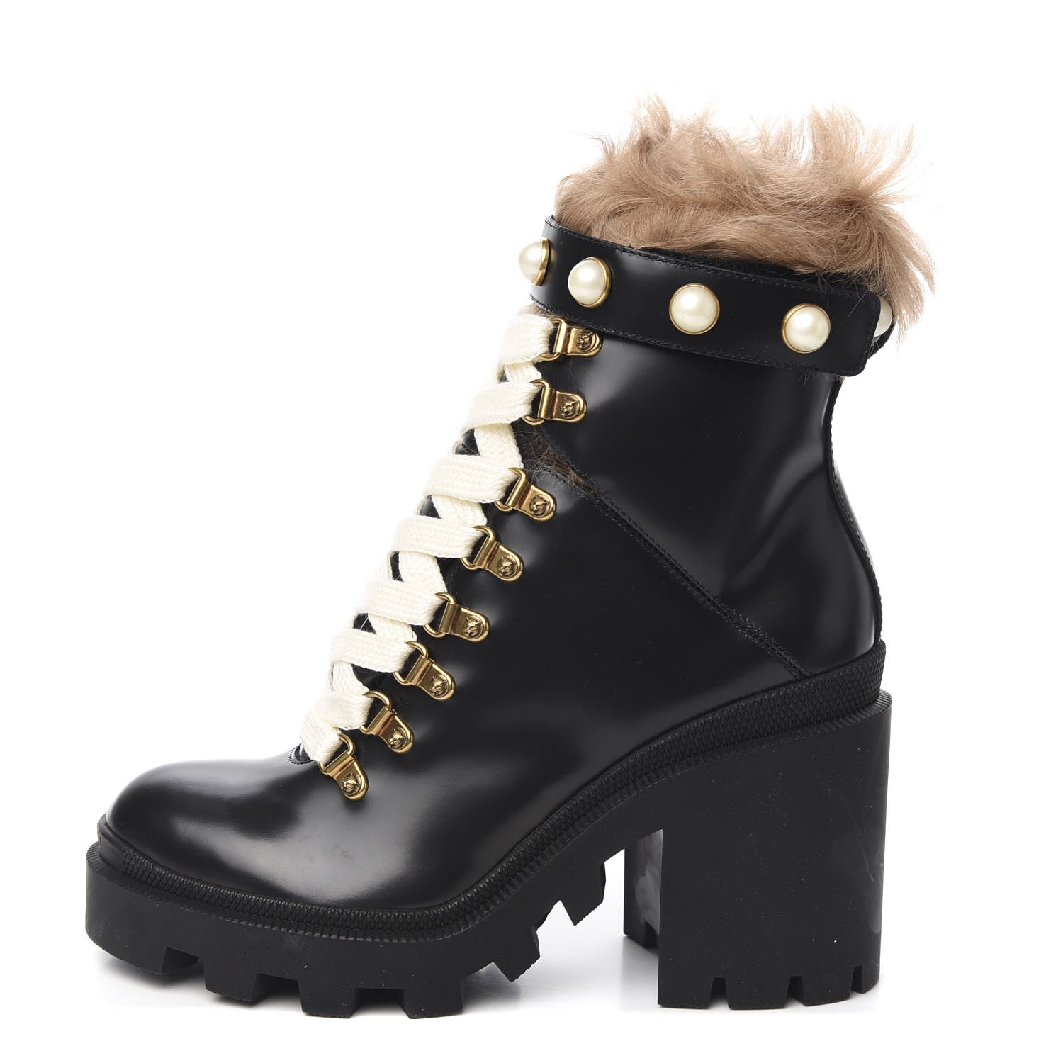 Gucci Magnum Calfskin Fur Pearl Lace Up Combat Ankle Boots 37 Black Naturale 1 of 7