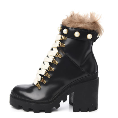 Gucci Magnum Calfskin Fur Pearl Lace Up Combat Ankle Boots 37 Black Naturale 1 of 7