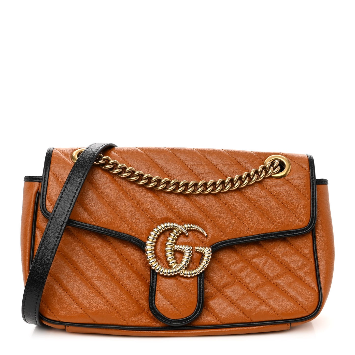 Vintage Effect Calfskin Matelasse Diagonal Small Torchon GG Marmont Shoulder Bag Cognac Black
