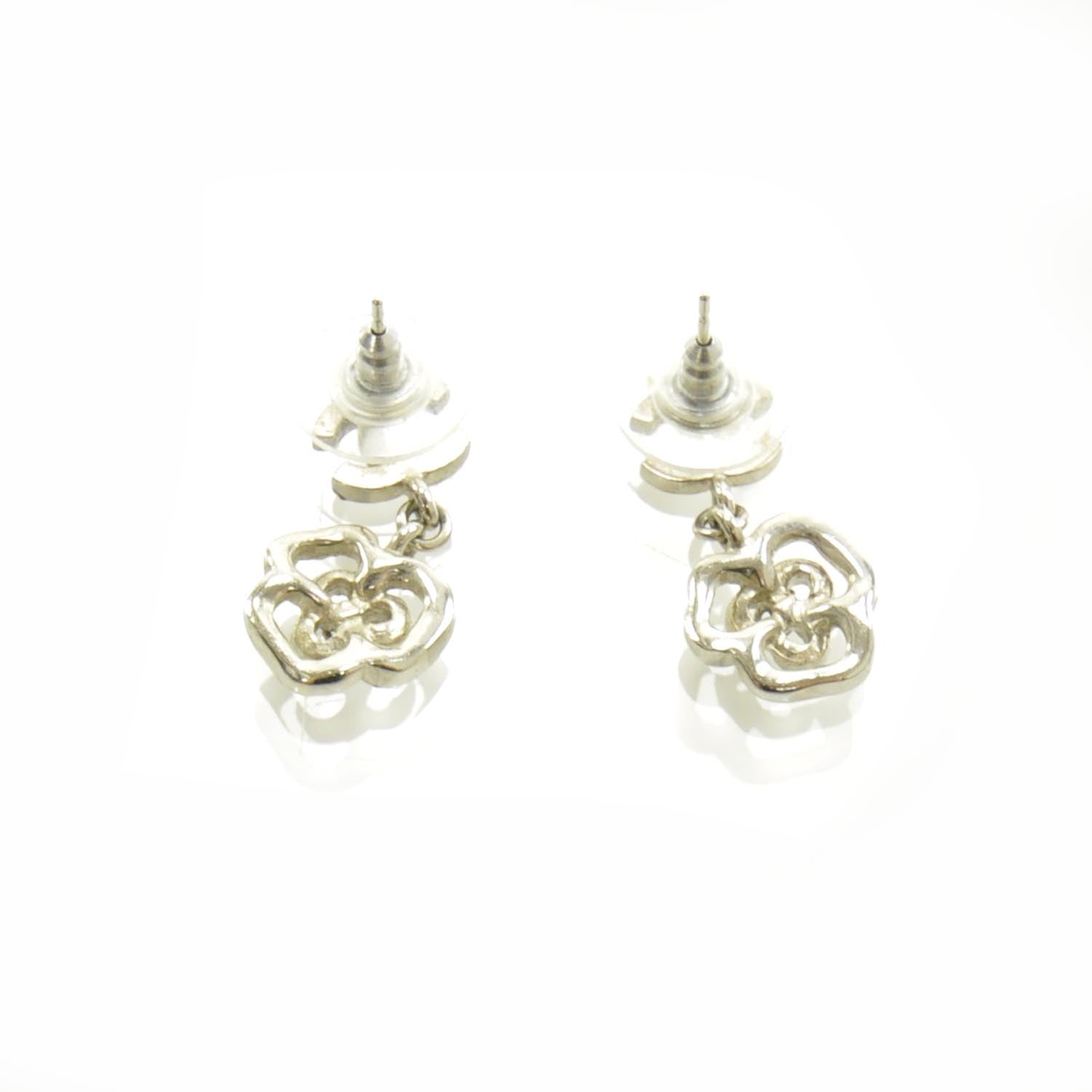 Chanel Crystal CC Camellia Drop Earrings Silver 2 of 5