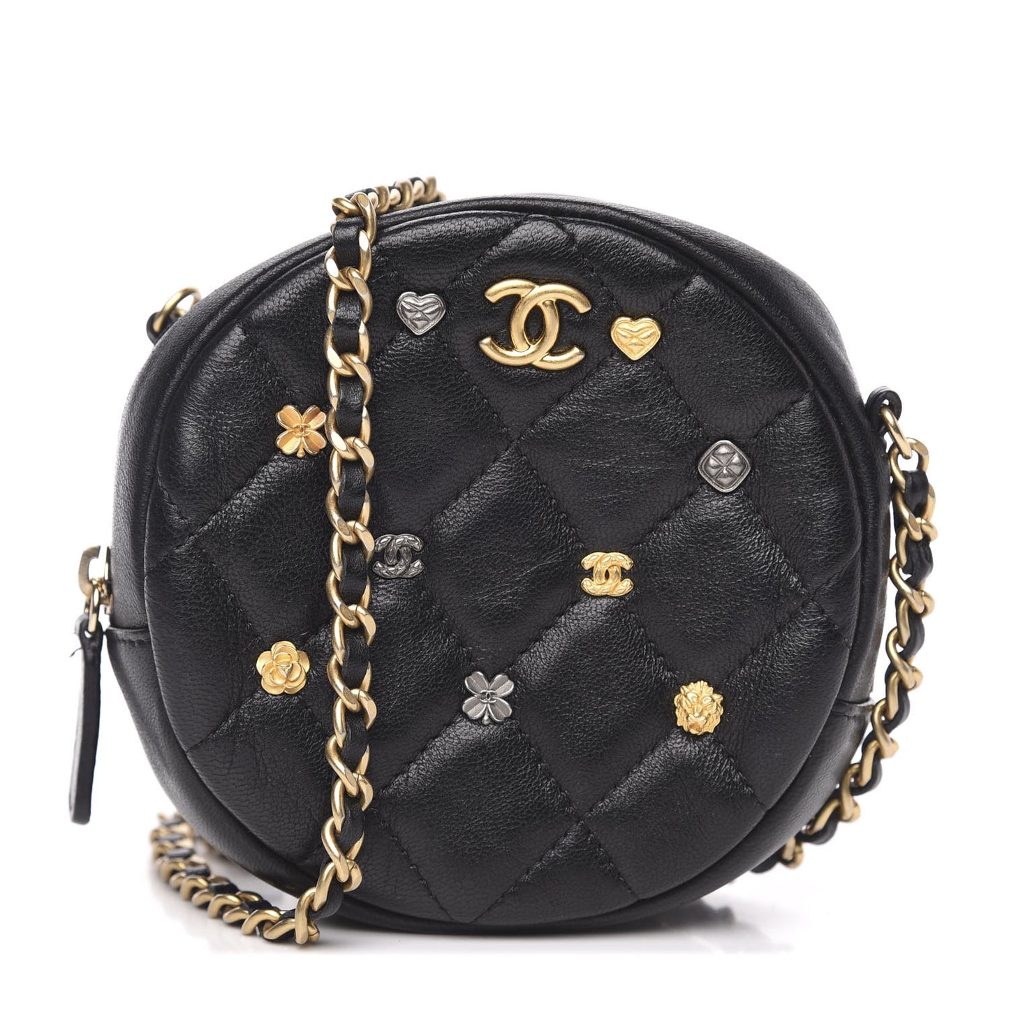 Lambskin Quilted Studded Round Clutch With Chain Black