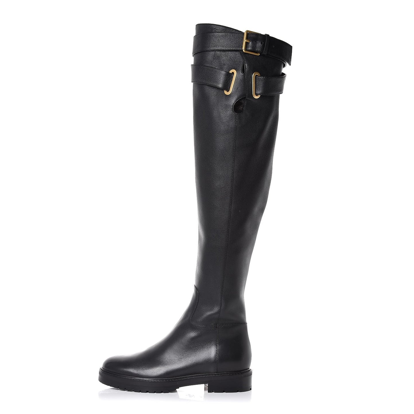 Calfskin Knee High Buckle Boots 36 Black