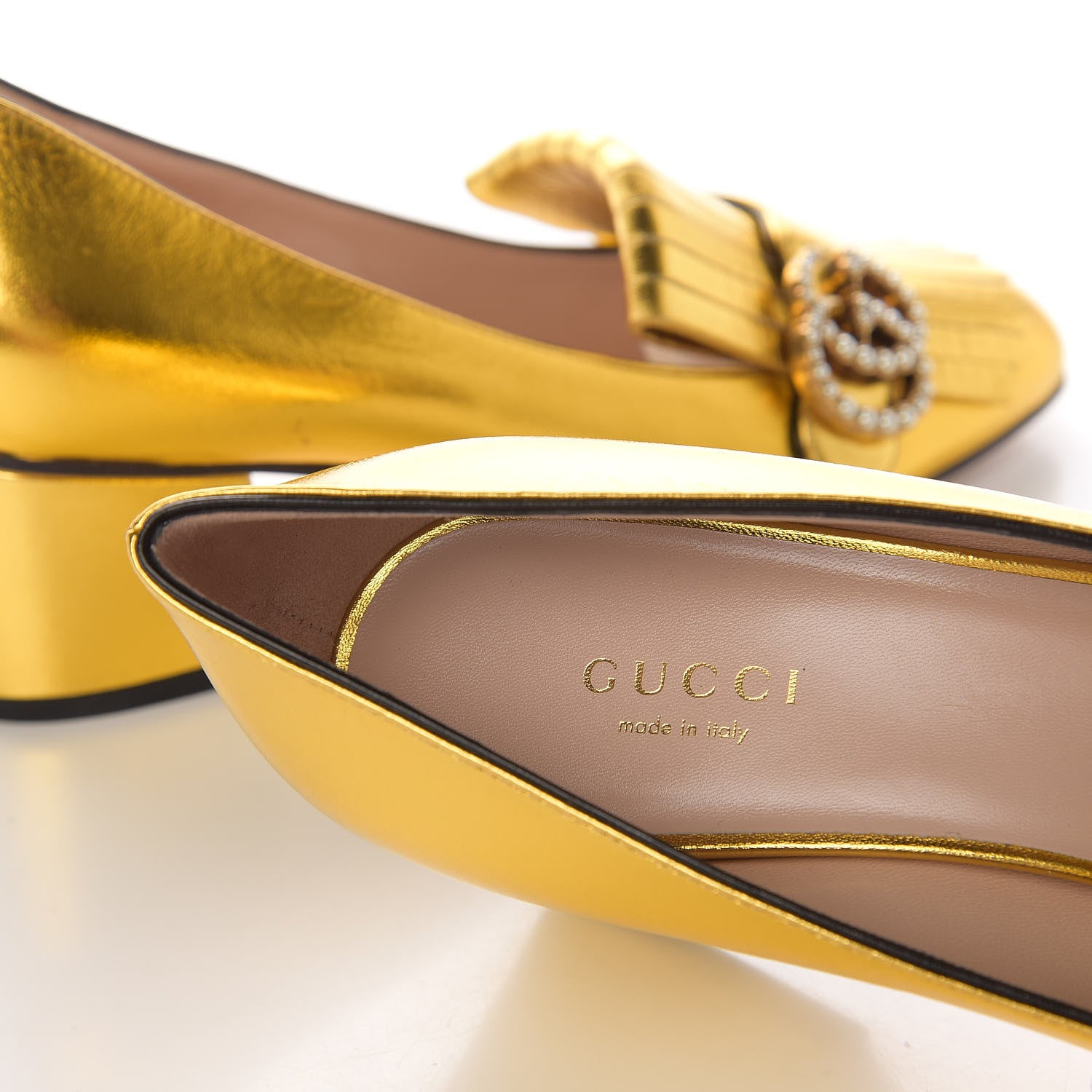 Gucci Metallic Nappa Pearly GG Marmont Fringe 50mm Loafer Pumps 37.5 Oro Vecchio 9 of 13
