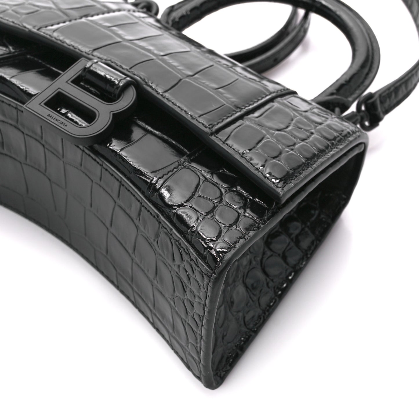 Shiny Calfskin Monochrome Crocodile Embossed Hourglass Top Handle Bag XS Black