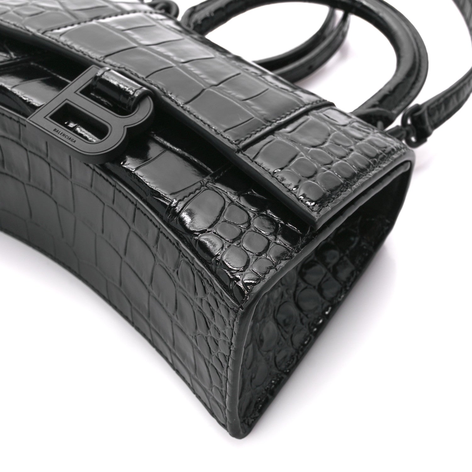 Balenciaga Shiny Calfskin Monochrome Crocodile Embossed Hourglass Top Handle Bag XS Black 10 of 10