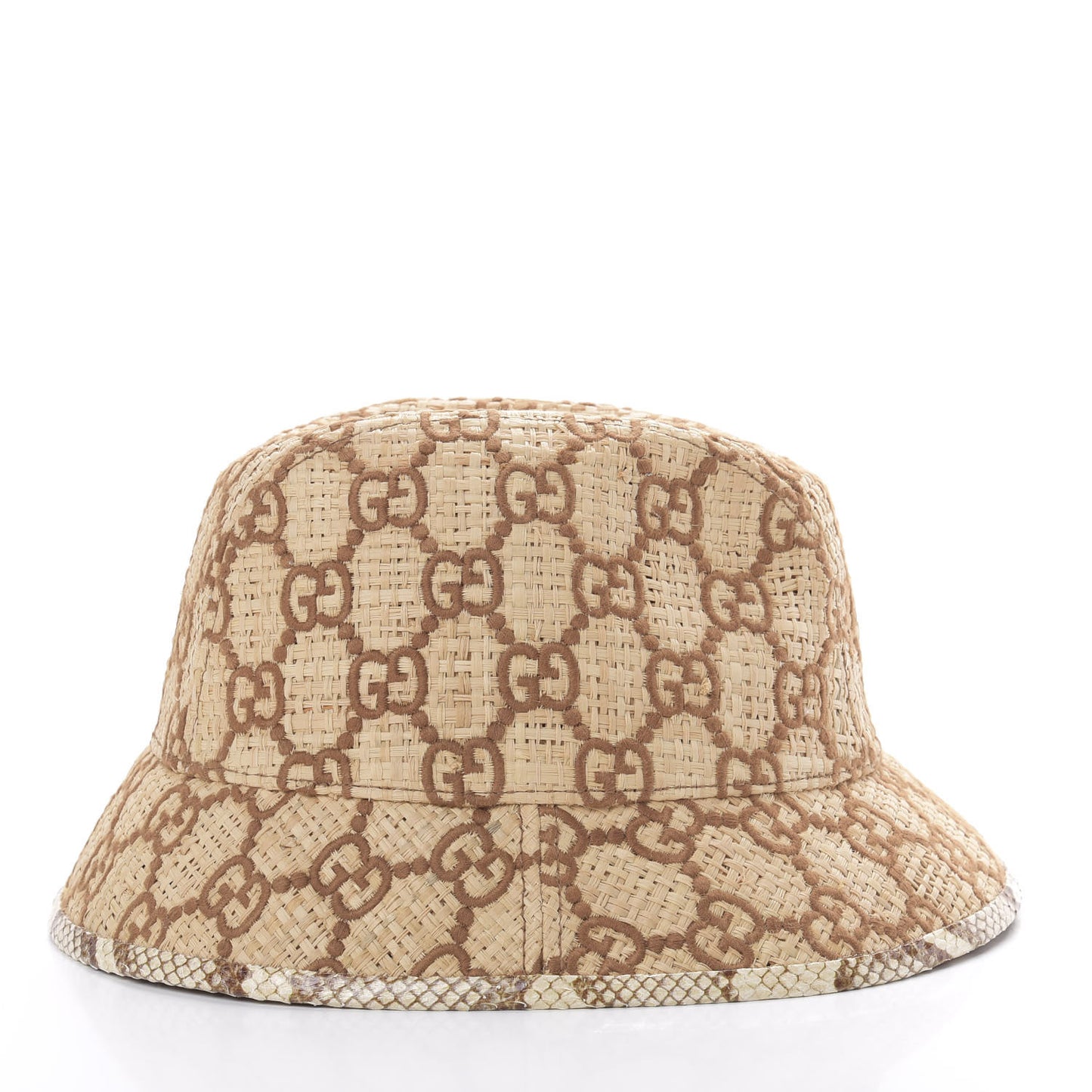 Raffia Elaphe GG Monogram Embroidered Basmaa Fedora Hat M Ivory Dark Brown