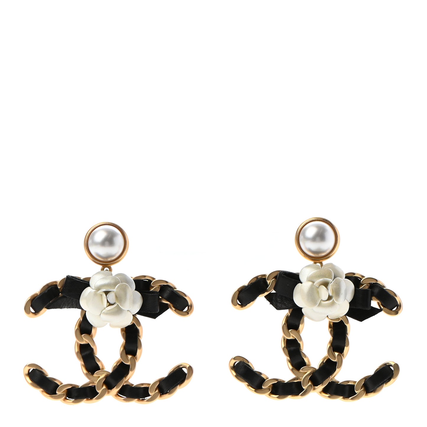 Calfskin Lambskin Pearl Camellia CC Earrings Gold Black