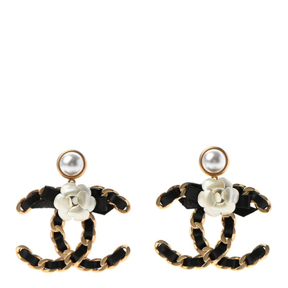 Chanel Calfskin Lambskin Pearl Camellia CC Earrings Gold Black 1 of 5