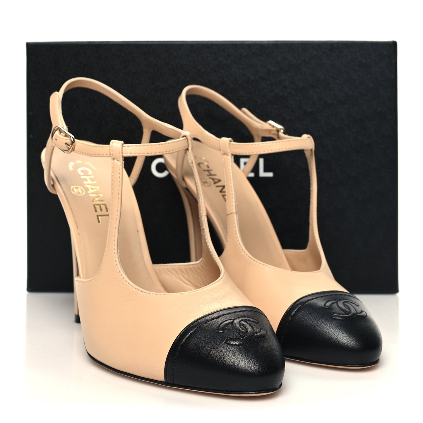 Lambskin Cap Toe CC Slingback Pumps 41.5 Beige Black