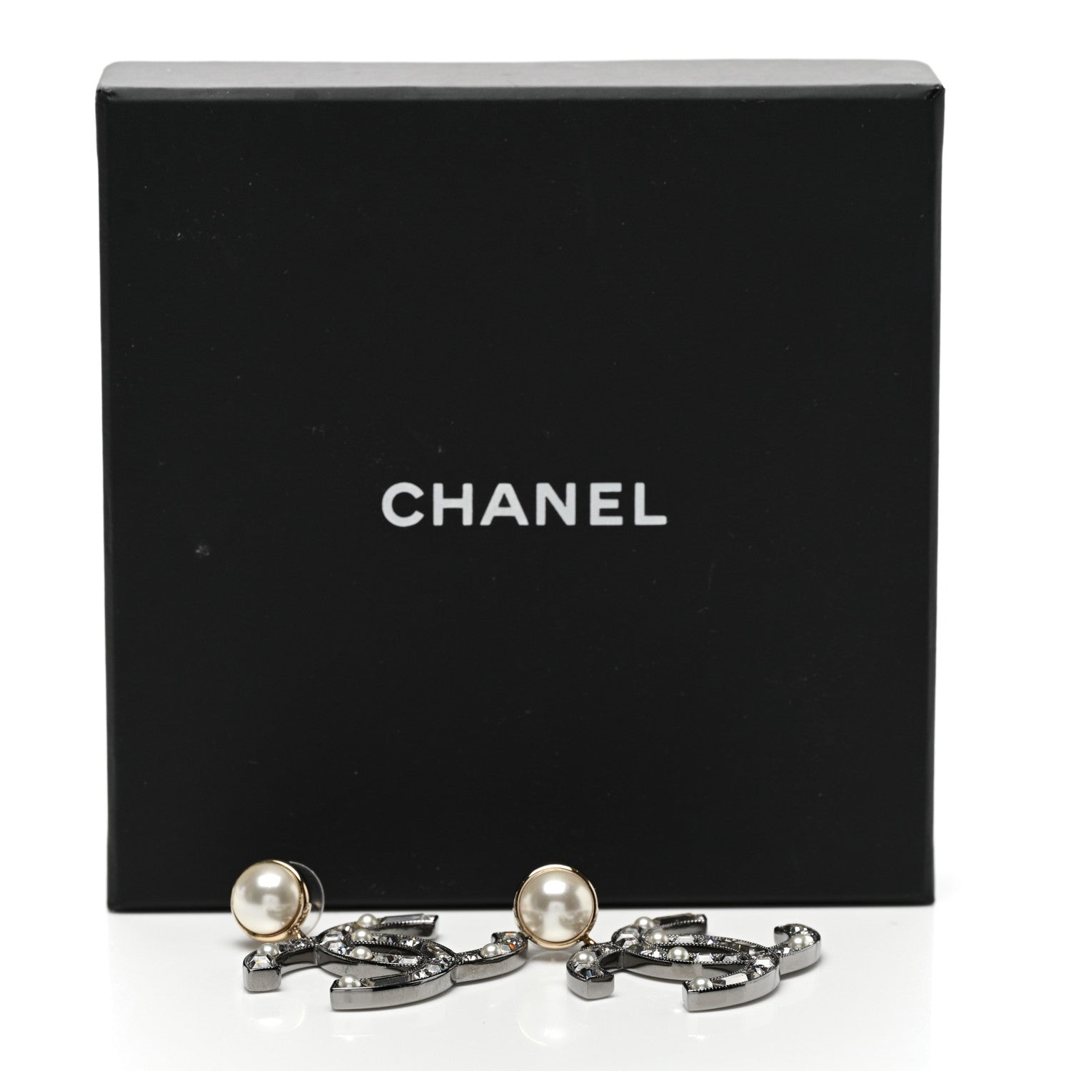 Chanel Crystal Baguette Pearl Bright Young Things CC Drop Earrings Silver 5 of 5