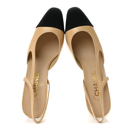 Chanel Goatskin Grosgrain Cap Toe CC Slingback Pumps 38 Beige Black 2 of 10