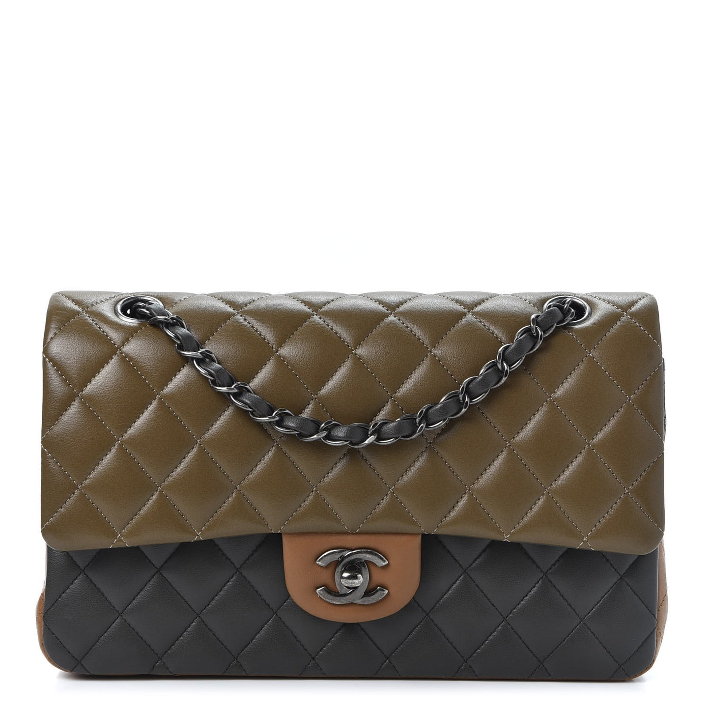 Lambskin Quilted Tri-Color Medium Double Flap Green Black Brown