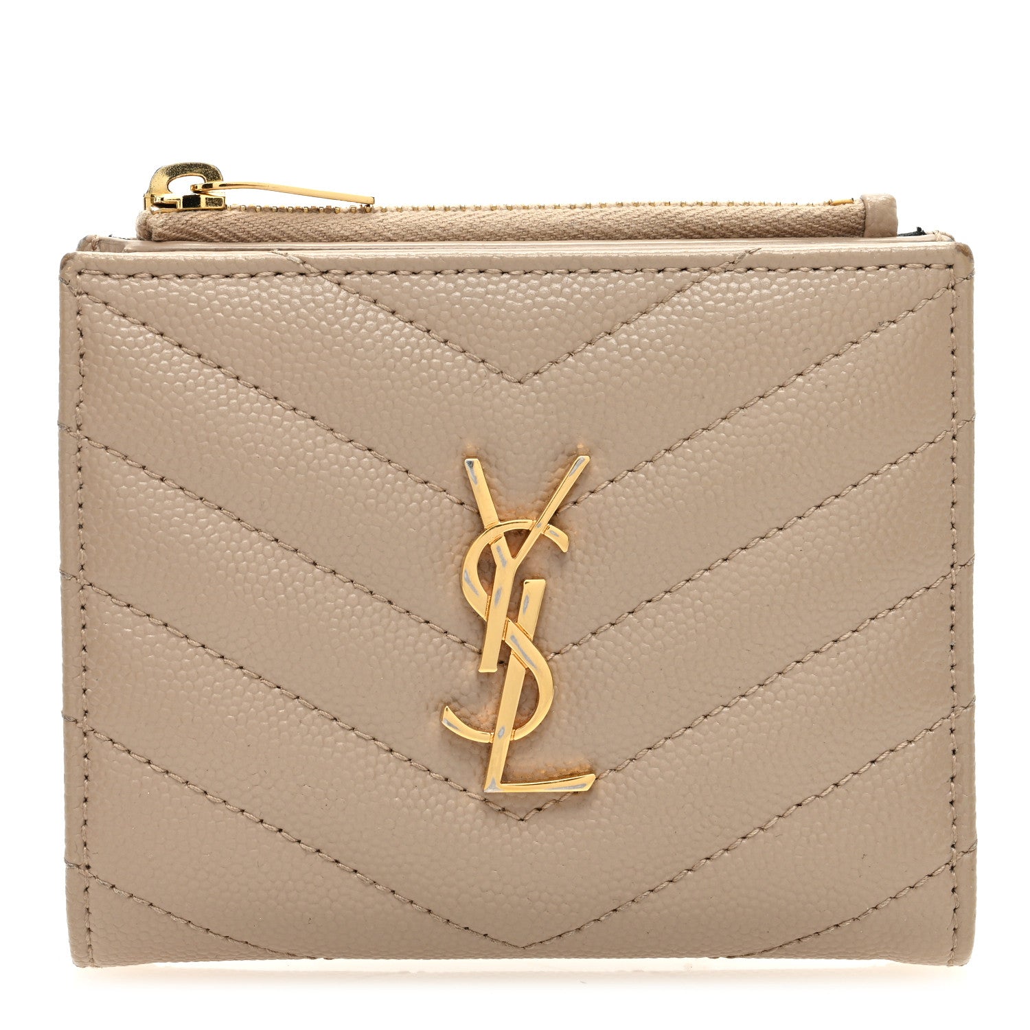 Saint Laurent Grain De Poudre Matelasse Chevron Monogram Zipped Two-Part Wallet Dark Beige 1 of 8
