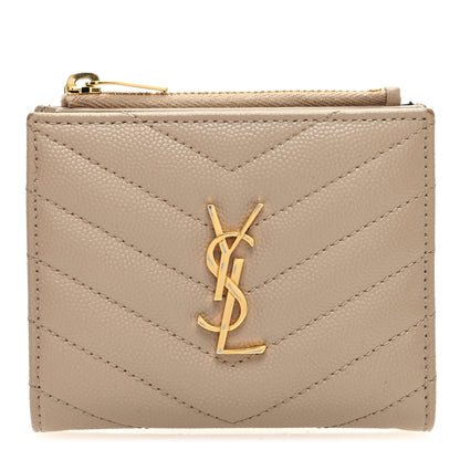 Saint Laurent Grain De Poudre Matelasse Chevron Monogram Zipped Two-Part Wallet Dark Beige 1 of 8