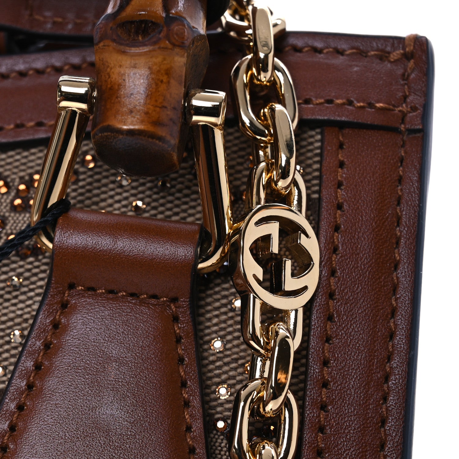 Gucci New Canvas Charisma Calfskin Crystal GG Monogram Mini Diana Tote Bag Camel Ebony 11 of 12