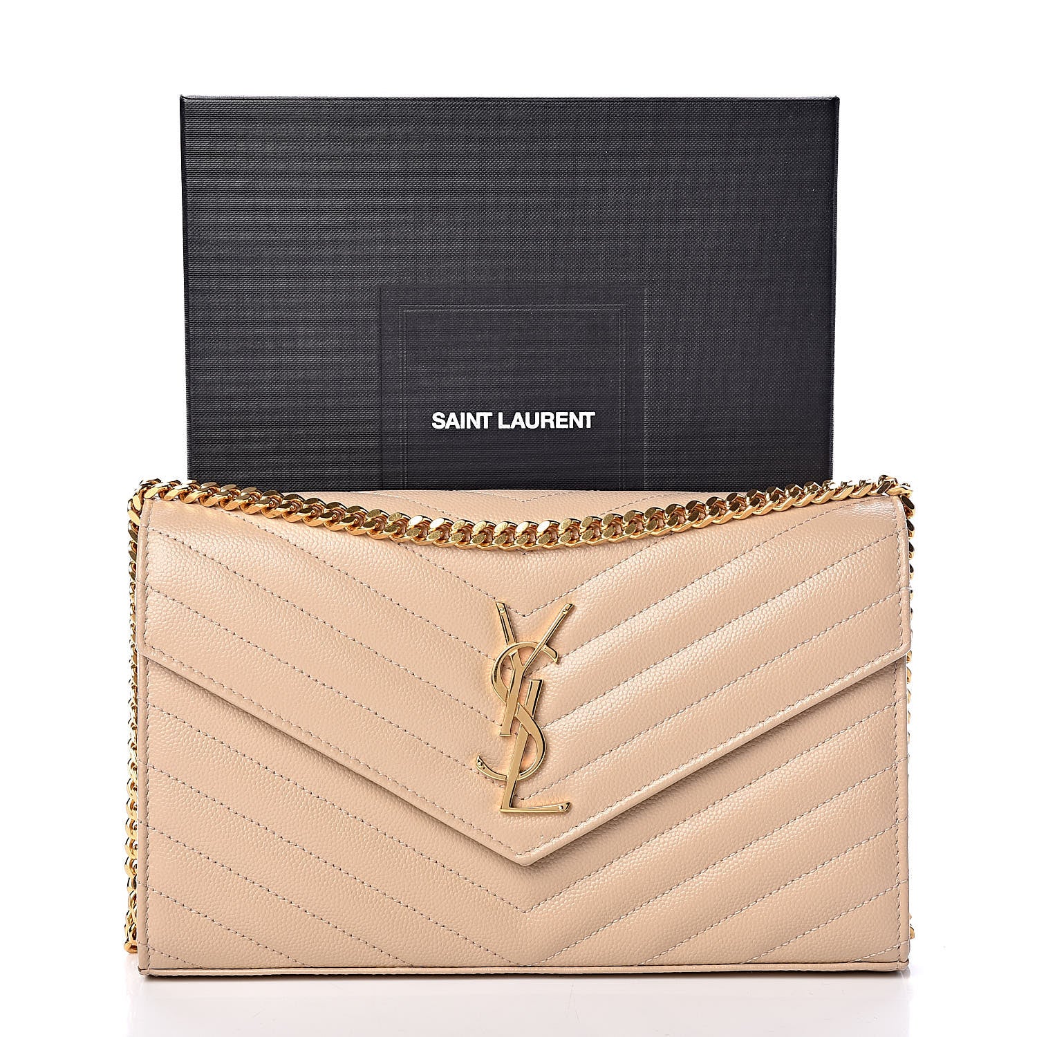 Saint Laurent Grain De Poudre Matelasse Chevron Monogram Chain Wallet Nude Powder 10 of 10