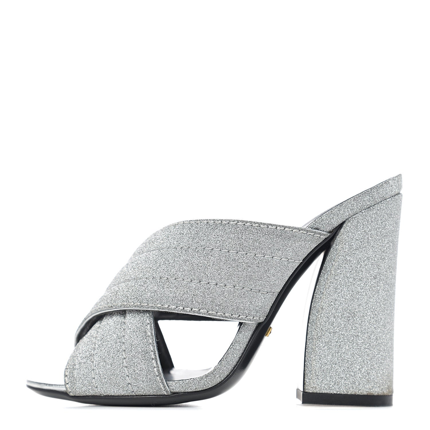 Gucci Glitter Fabric Webby Crossover High Heel Slide Sandals 35.5 Argento 1 of 8
