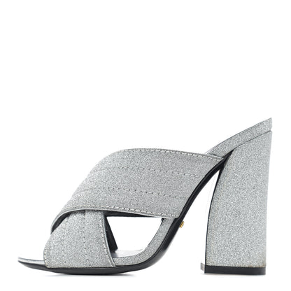 Gucci Glitter Fabric Webby Crossover High Heel Slide Sandals 35.5 Argento 1 of 8