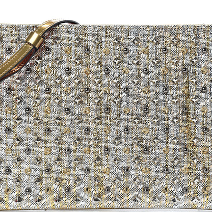 Christian Louboutin Metallic Raffia Spikes Loubiposh Chain Clutch Silver Gold 7 of 11