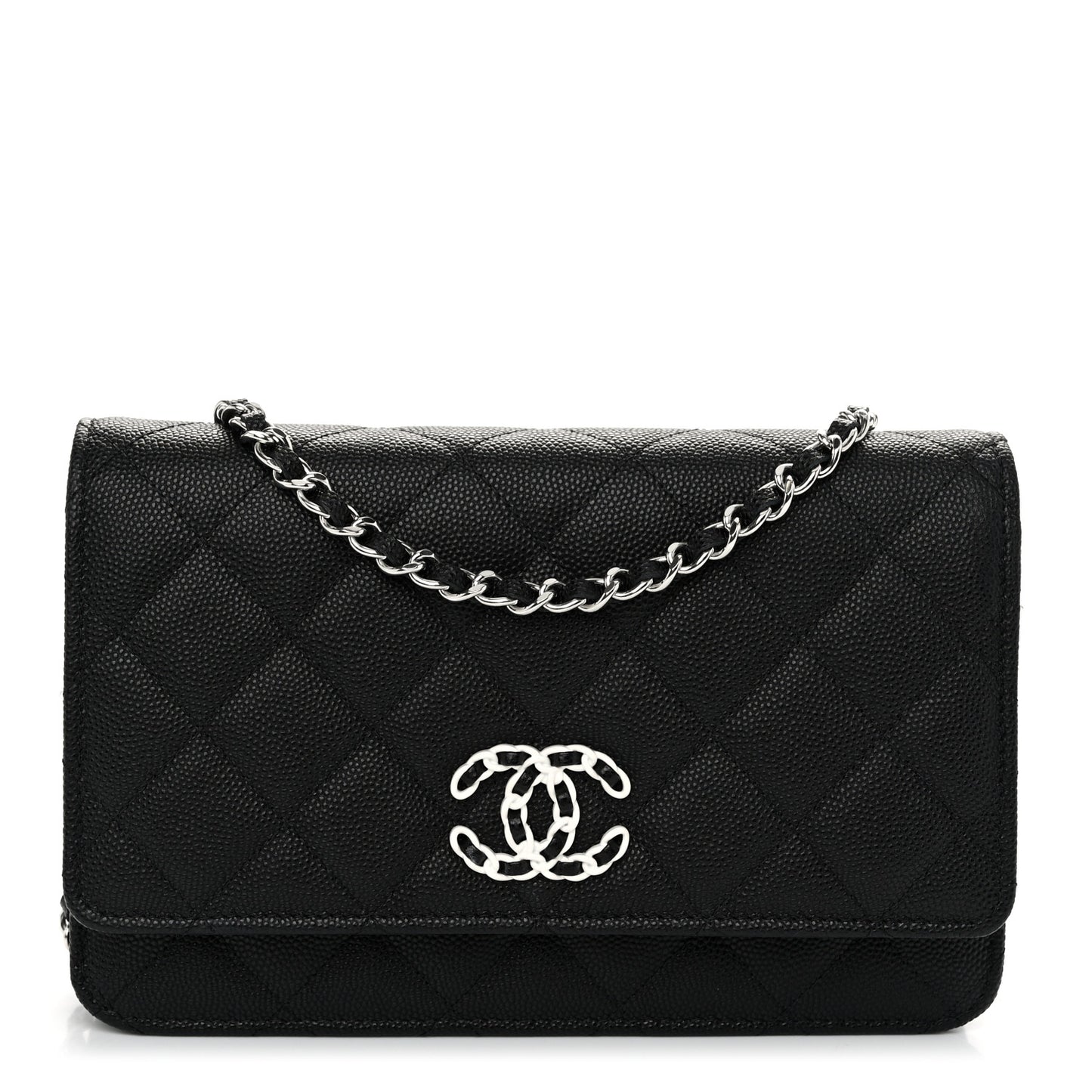 Caviar Quilted Chanel 19 Wallet On Chain WOC Black White