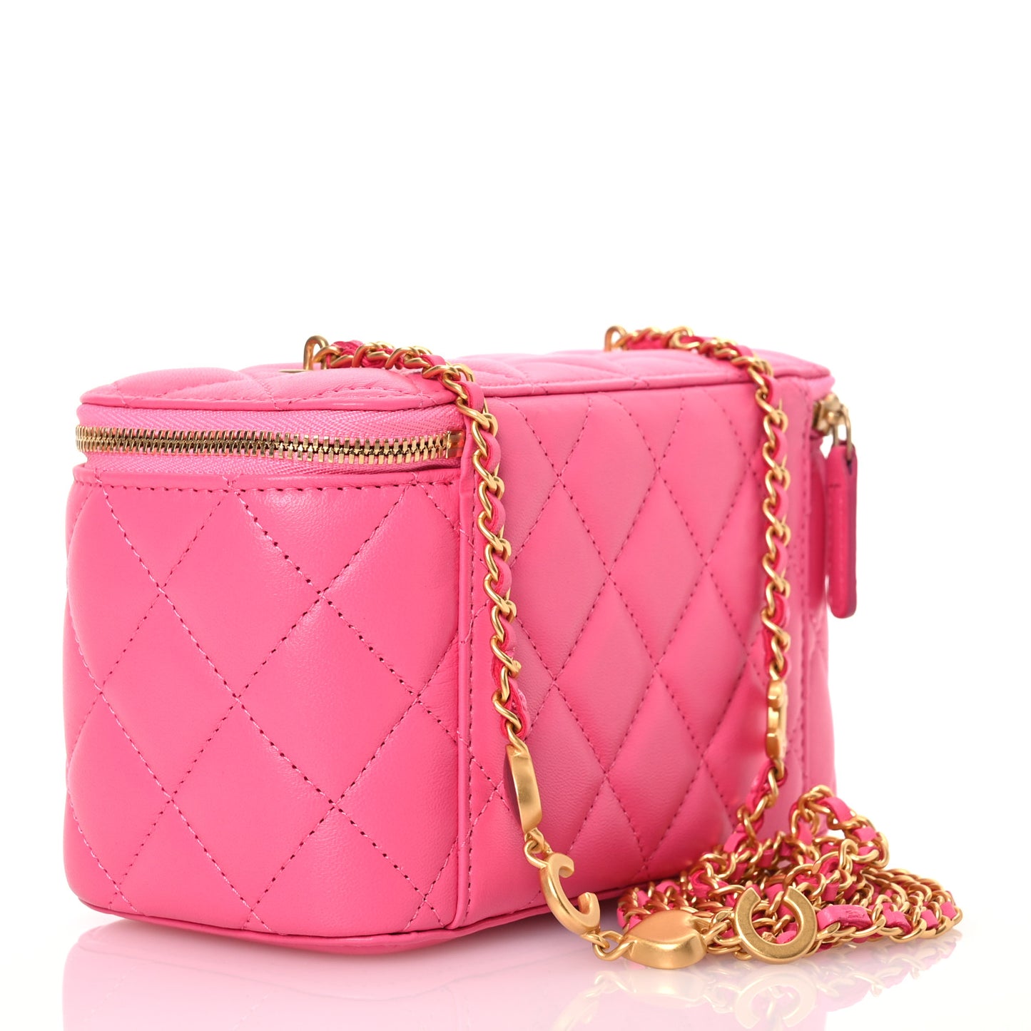 Lambskin Enamel Quilted Small Coco Hearts Vanity Case With Chain Pink
