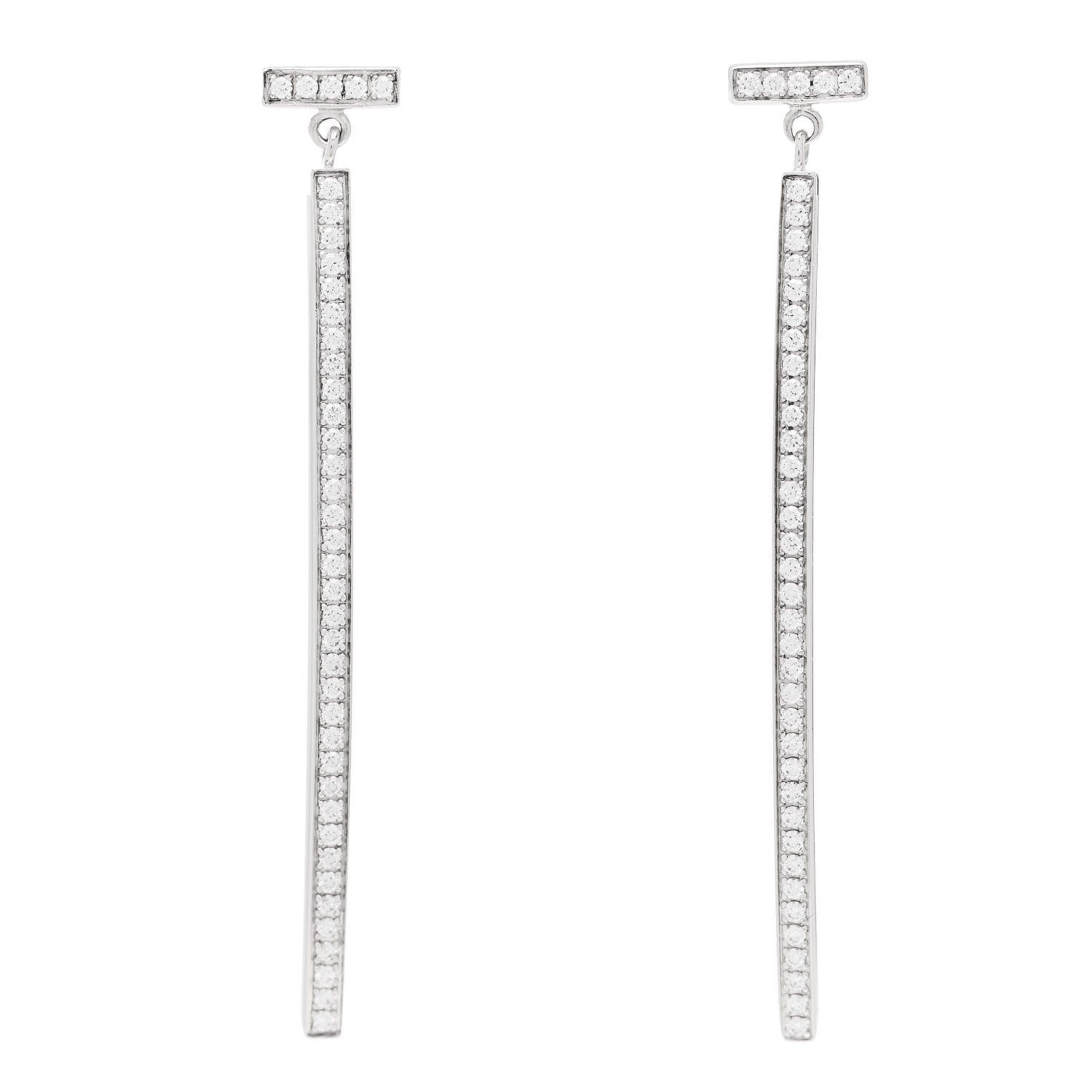 Tiffany 18K White Gold Diamond T Bar Earrings 1 of 5