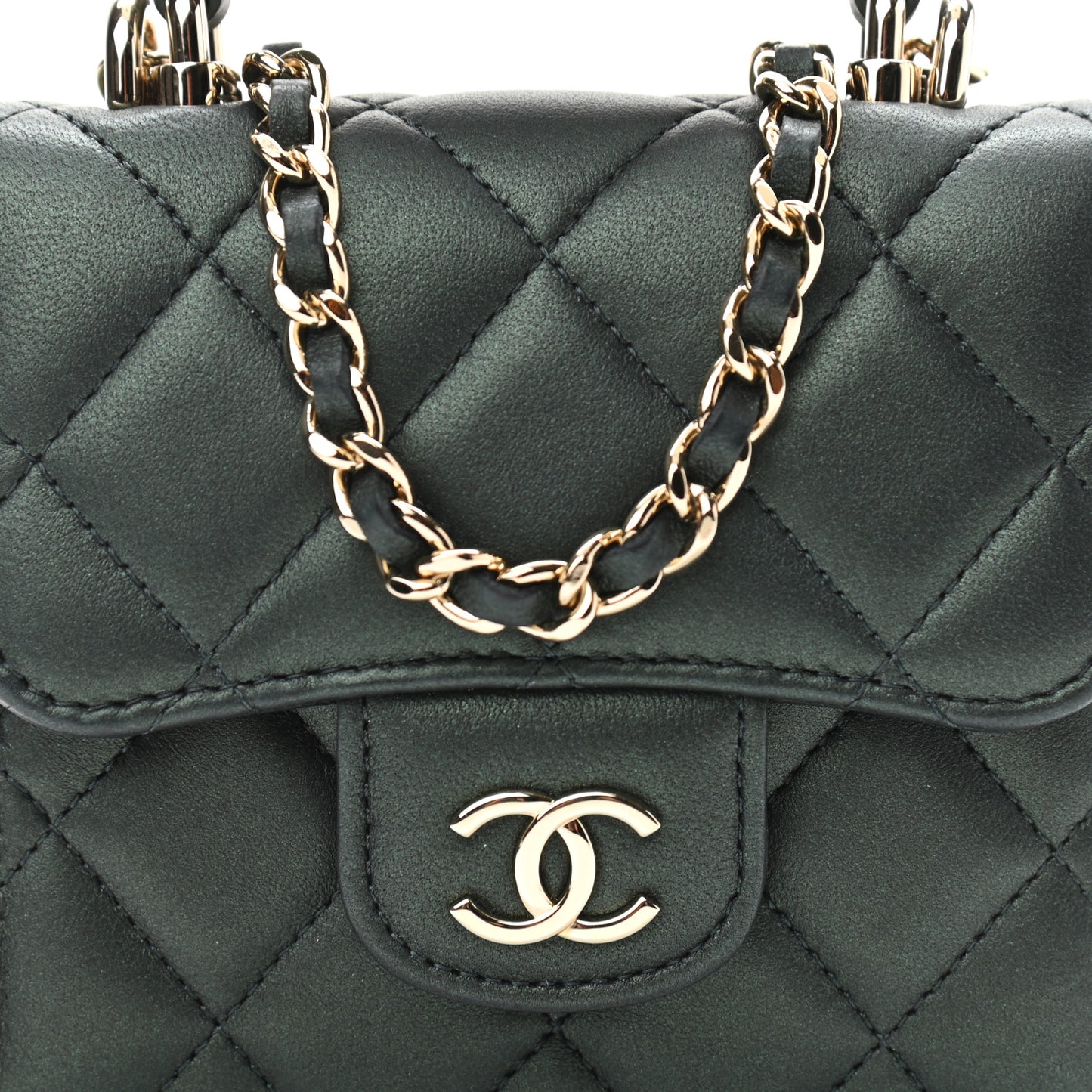 Iridescent Lambskin Quilted Top Handle Clutch With Chain Dark Green