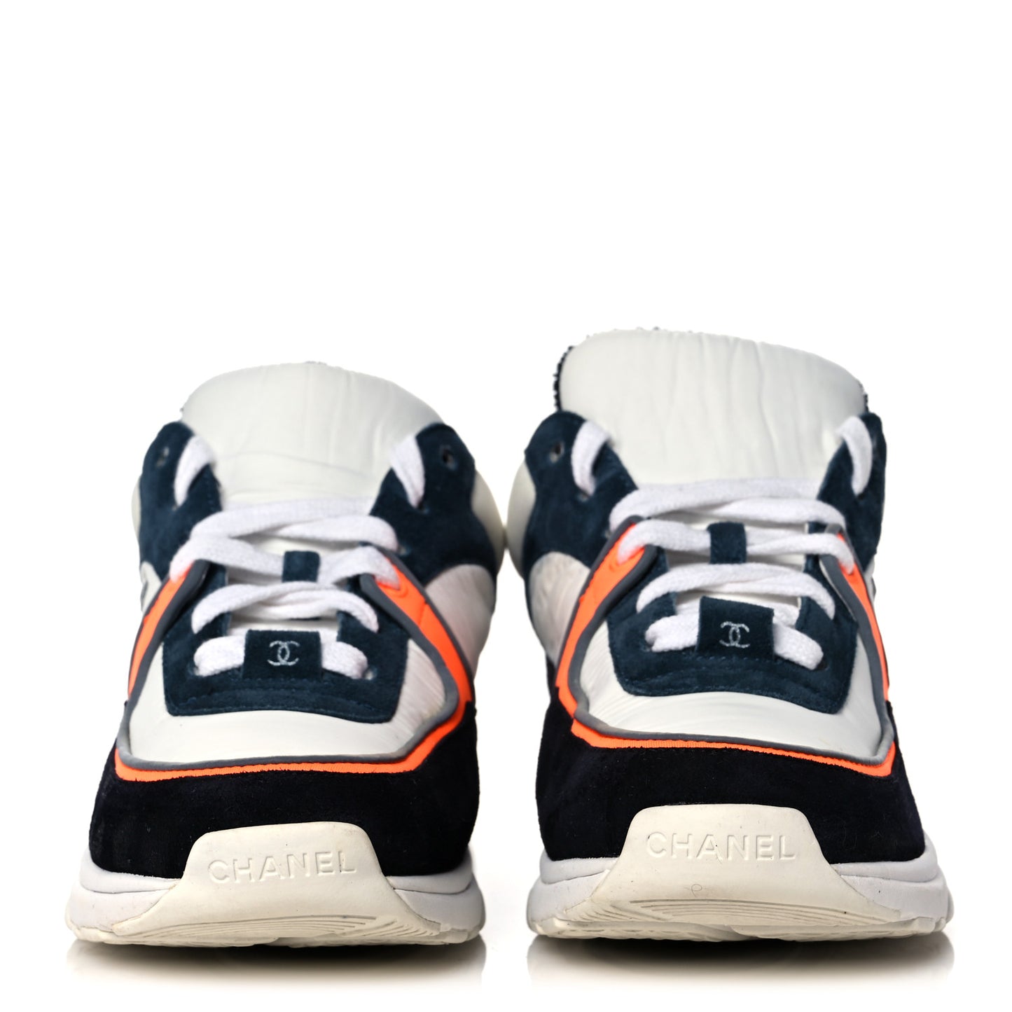 Nylon Calfskin Suede CC Womens Sneakers 36 Navy White Orange Black