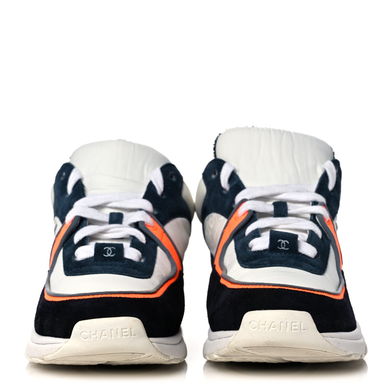 Chanel Nylon Calfskin Suede CC Womens Sneakers 36 Navy White Orange Black 2 of 9