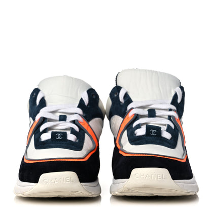 Chanel Nylon Calfskin Suede CC Womens Sneakers 36 Navy White Orange Black 2 of 9