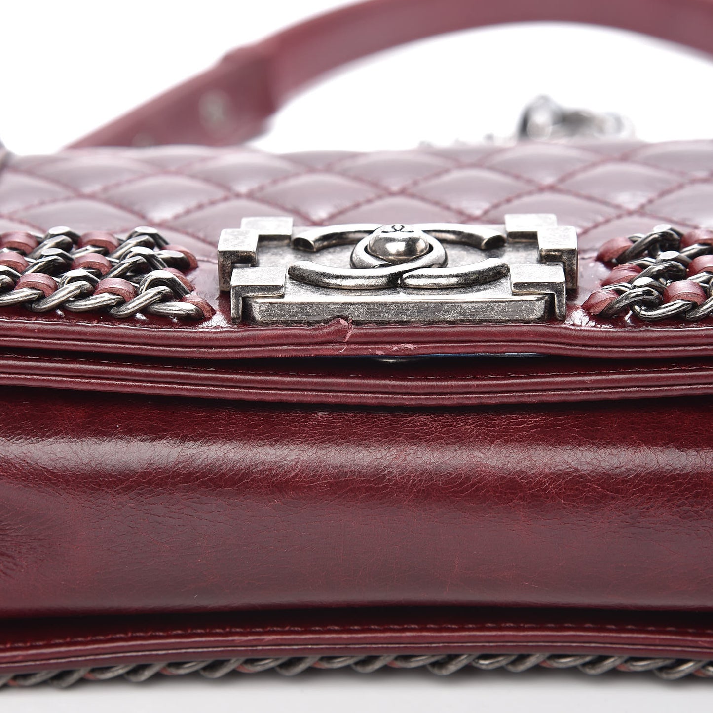 Glazed Calfskin Quilted Small Boy Chained Flap Burgundy