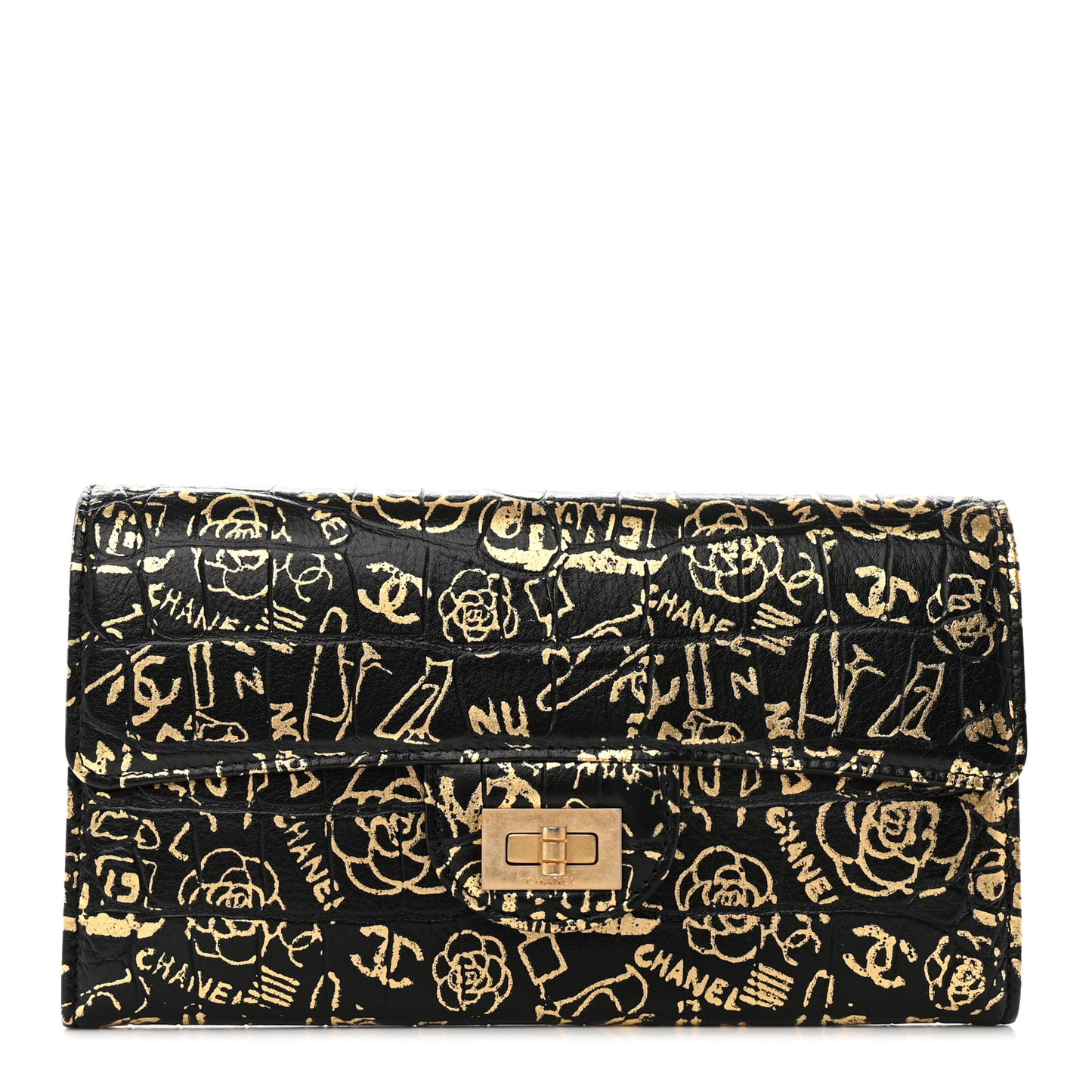 Calfskin Crocodile Embossed Graffiti 2.55 Cocodile Reissue Long Flap Black Gold