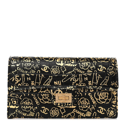 Chanel Calfskin Crocodile Embossed Graffiti 2.55 Cocodile Reissue Long Flap Black Gold 1 of 10