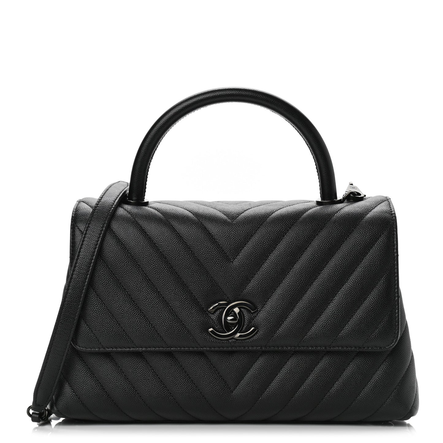 Caviar Chevron Quilted Small Coco Handle Flap So Black