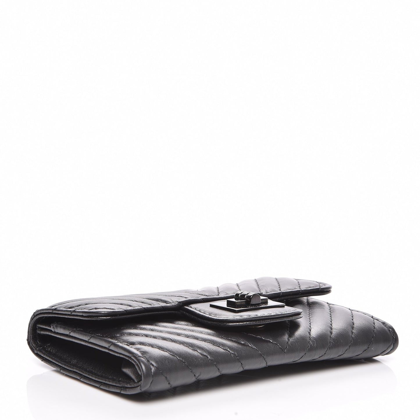 Aged Calfskin Chevron Quilted Card Holder Wallet Black