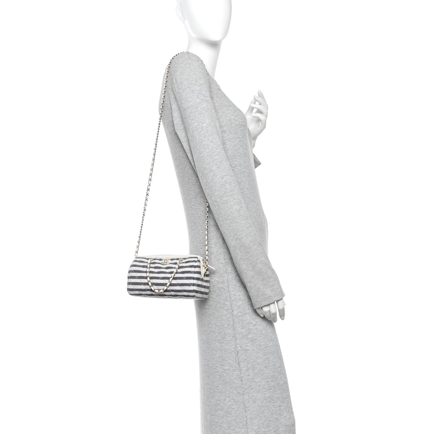 Chanel Printed Fabric Clutch With Chain Light Beige Dark Blue 2 of 12