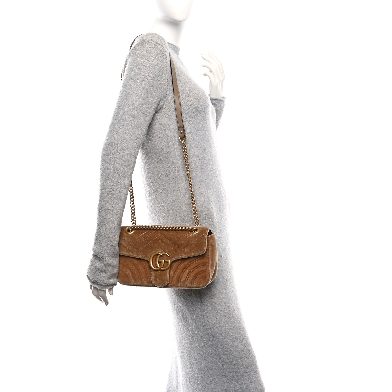 Gucci Velvet Matelasse Small GG Marmont Shoulder Bag Taupe 2 of 10