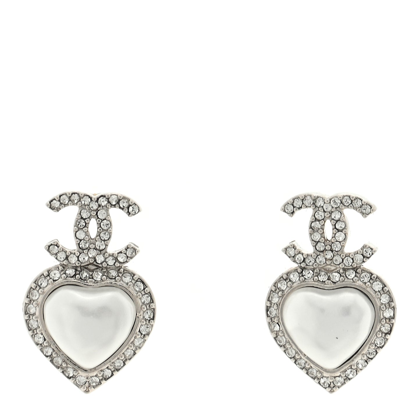 Pearl Crystal CC Heart Drop Earrings Silver