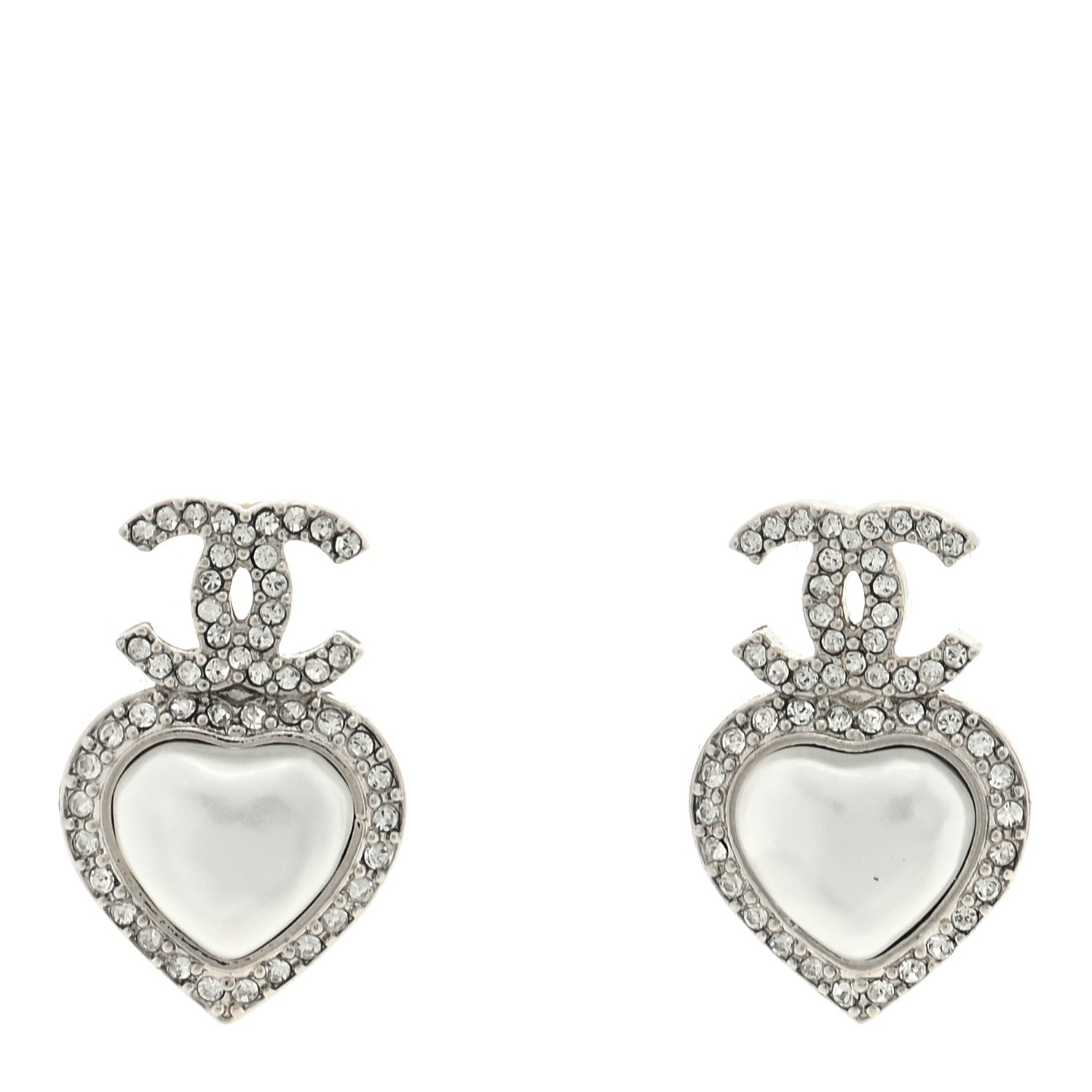 Chanel Pearl Crystal CC Heart Drop Earrings Silver 1 of 4