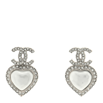 Chanel Pearl Crystal CC Heart Drop Earrings Silver 1 of 4