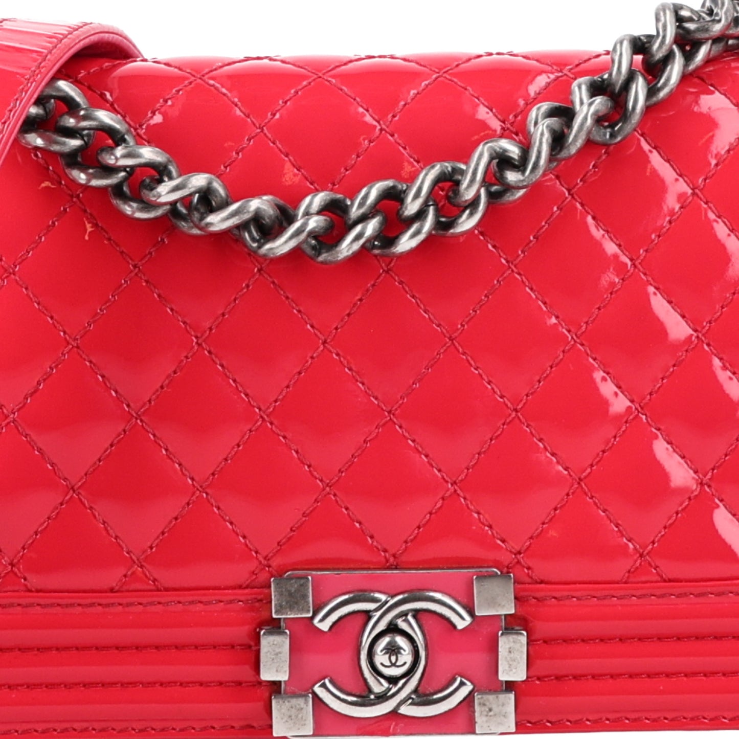 Patent Calfskin Enamel Quilted Medium Boy Flap Dark Pink