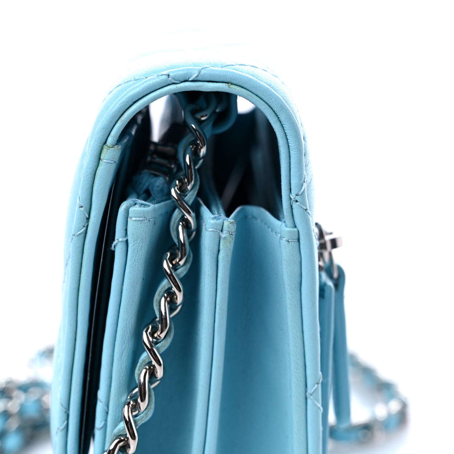 Lambskin Quilted Mini Wallet On Chain WOC Light Blue