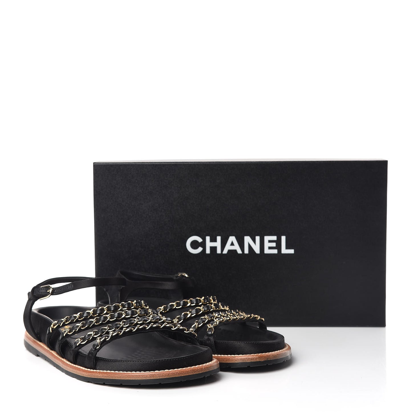 Satin Lambskin Chain Flat Sandals 37.5 Black