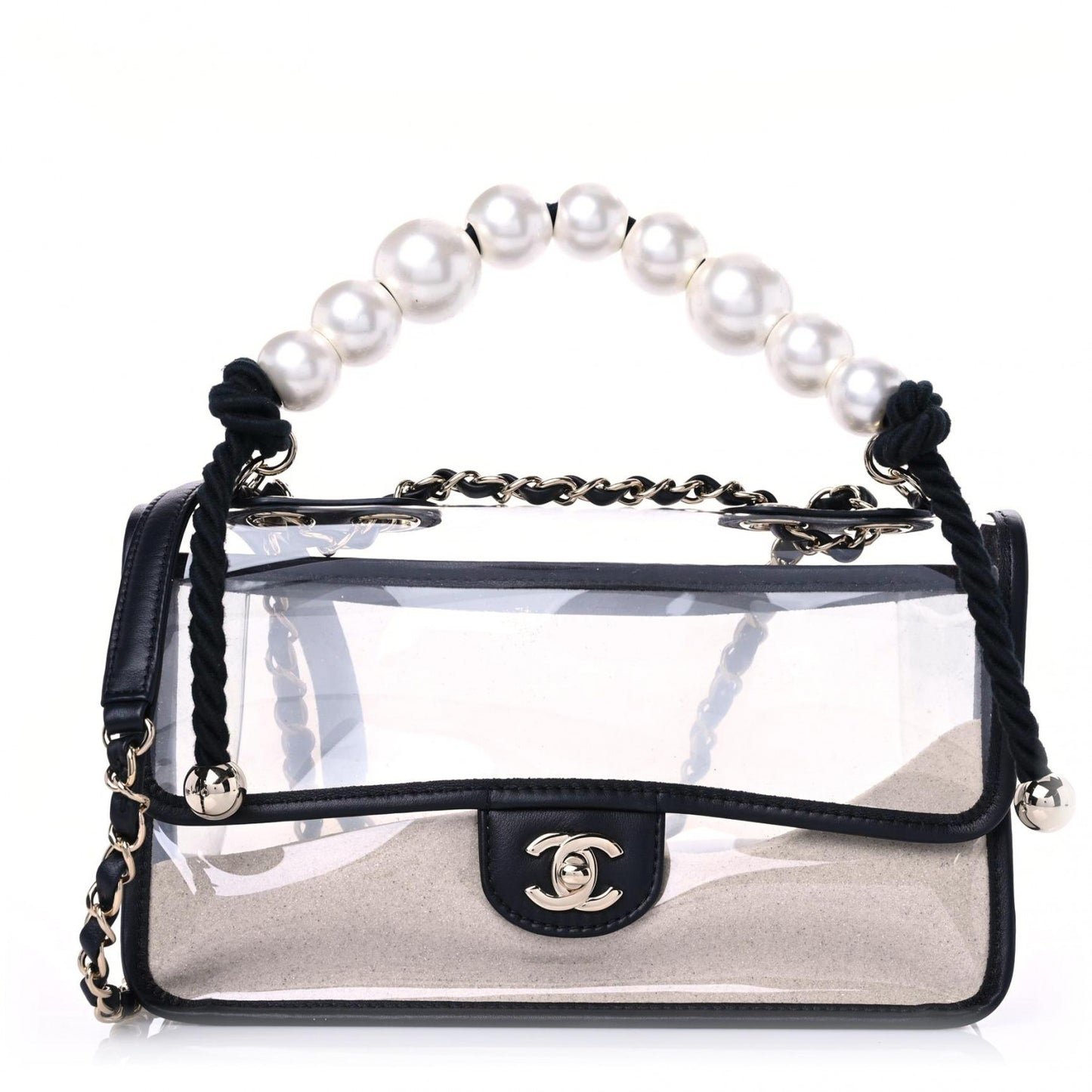 Lambskin PVC Sand By The Sea Flap With Pearl Strap Black