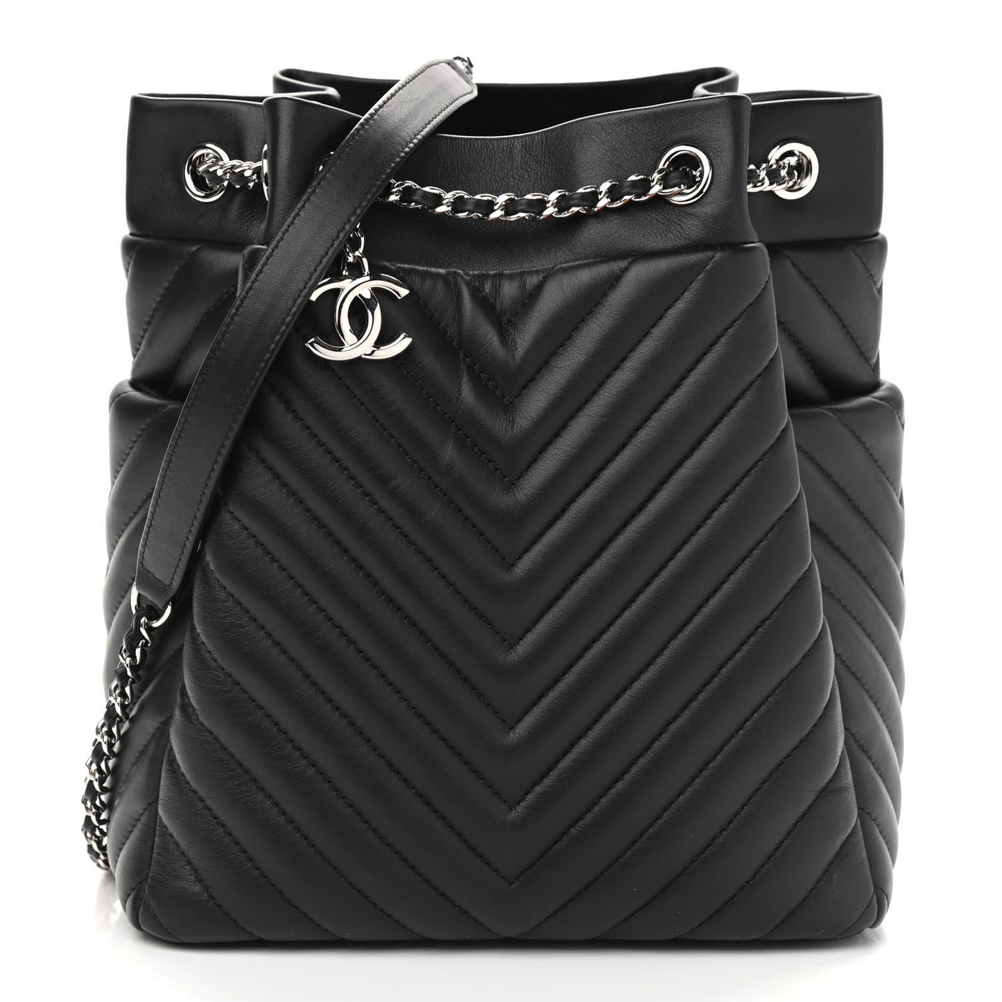 Lambskin Chevron Small Urban Spirit Drawstring Bag Black